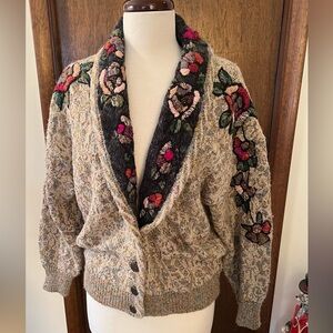 MarieaKim Vintage Floral Embroidered Large Women's Cardigan Sweater